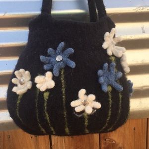 Handmade Black Felted Purse with flowers NWT